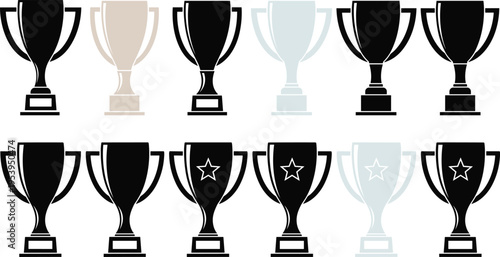 Minimal trophy cup icons set representing award, winner, championship success, achievement symbol collection in flat design isolated on light background