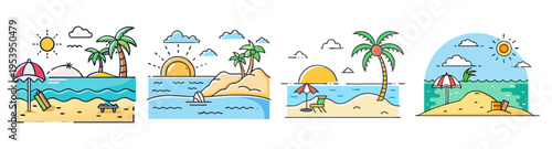 tropical beach vacation icon pack flat design vector illustration