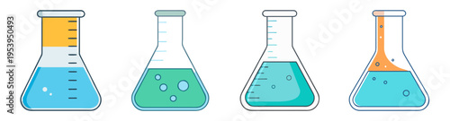 set of four laboratory beakers with colored liquids flat design vector illustration