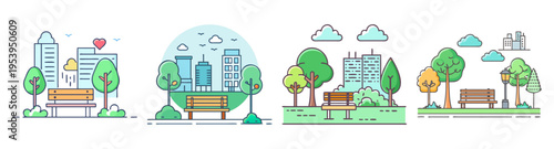 urban park scene with buildings and nature flat design vector illustration