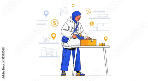Woman in hijab packing boxes, online shopping, e-commerce logistics, delivery service