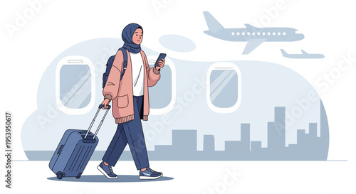 Woman in hijab with luggage and phone at airport, ready for travel