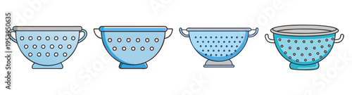 set of four kitchen colanders with dotted pattern flat design vector illustration