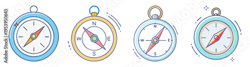 compass navigation icon pack flat design vector illustration set with colorful dials and needles