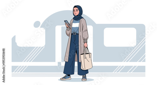 Woman in Hijab with Smartphone and Tote Bag at Train Station