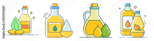 set of cooking oil bottles and fresh ingredients flat design vector illustration