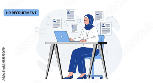 Woman in Hijab Working at Desk with Laptop, HR Recruitment Concept