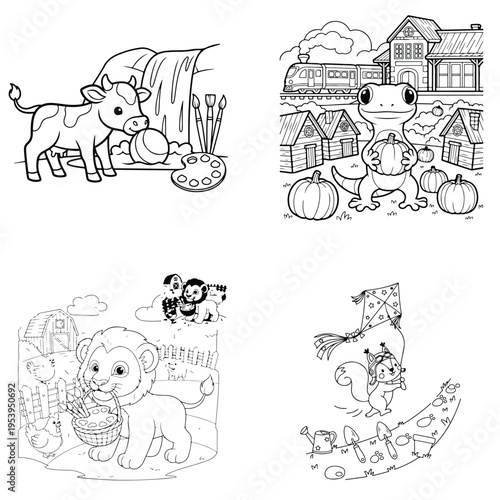 Whimsical coloring fun: calf artist, frog in village, bear cubs, and decorative letter art