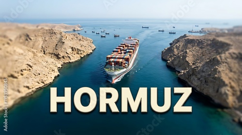 Large cargo ship navigating through narrow strait of Hormuz, surrounded by rocky mountains, strategic waterway for oil transportation
