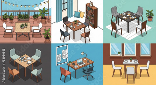 Various office and dining spaces with tables and chairs in different settings and environments