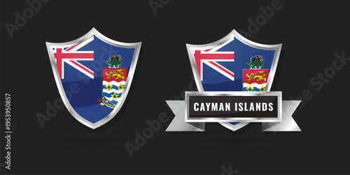 Glossy silver shield emblems featuring the flag of Cayman Islands. Includes badge with ribbon banner and name. Ideal for Caribbean identity, maritime, and patriotic territory designs.
