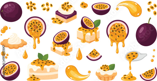 Passion fruit desserts collection with cakes slices cream tarts and dripping maracuja sauce tropical sweet flat vector illustration set