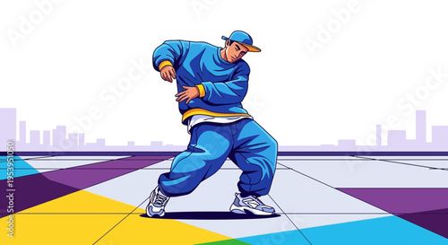Young man breakdancing in urban street style, dynamic pose, blue outfit, city background