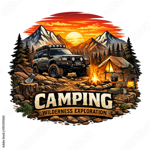 camping with truck, wilderness exploration, truck camping adventure, outdoor lifestyle design, off road truck scene, forest camping illustration, mountain adventure, overland vehicle setup, campsite w