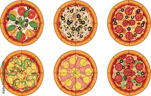 Collection of assorted Italian pizza top view illustrations with different toppings including pepperoni, mushrooms, olives, cheese, vegetables and seafood isolated on background