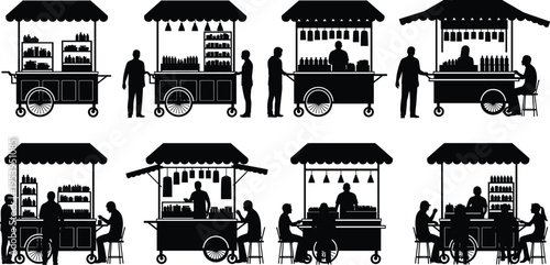 Silhouette street food carts vendors customers market stalls mobile kiosks urban scene black vector illustration set isolated marketplace selling drinks snacks people