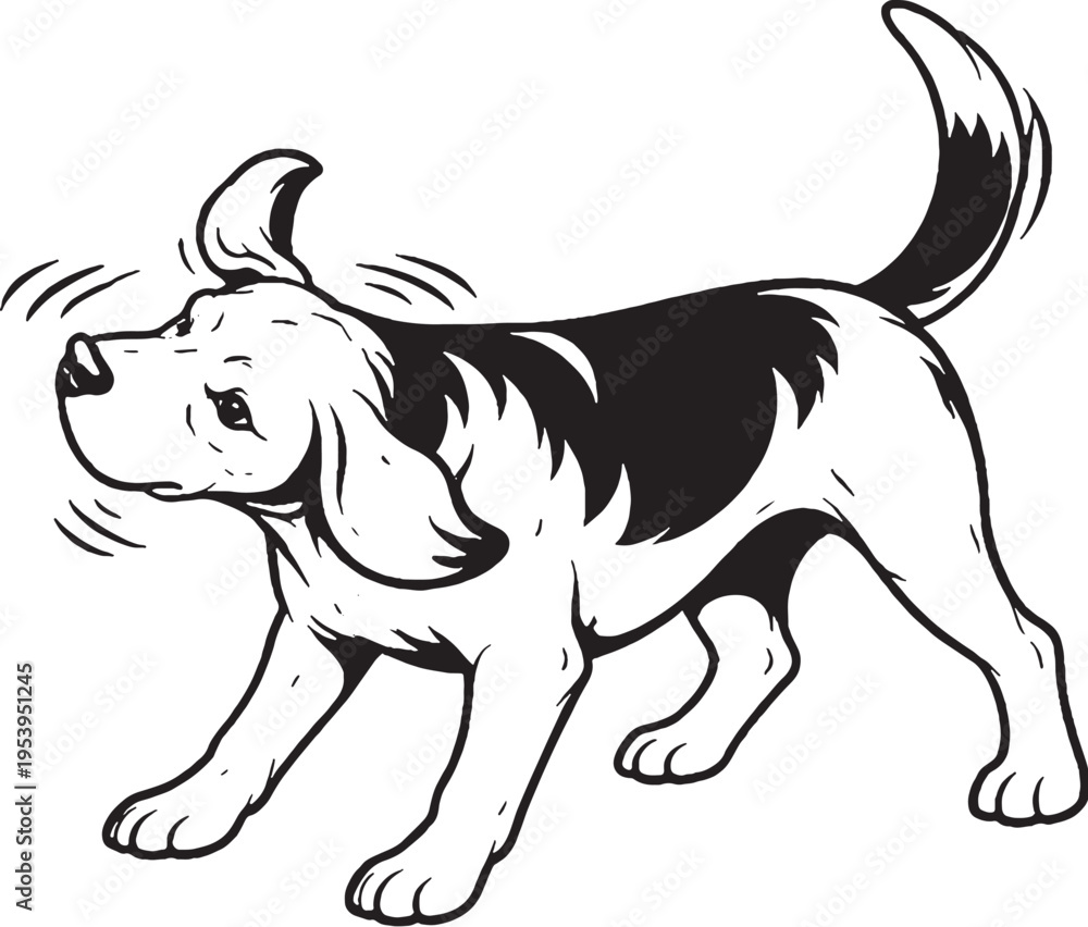 Fototapeta premium Beagle Shaking Water Full Body Shake Black and White Line Art Illustration