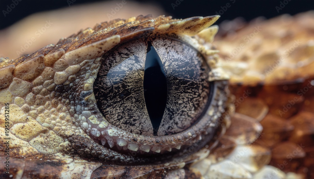 Obraz premium Close-up image of a reptile's eye with textured scales and a vertically slit pupil, highlighting intricate patterns and natural camouflage.