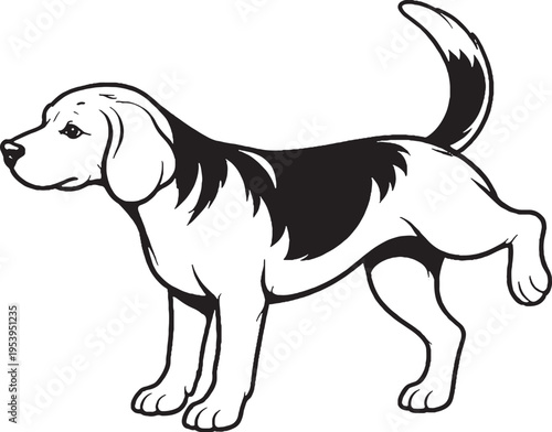 Beagle Marking Territory Leg Lift Side View Black and White Line Art Illustration