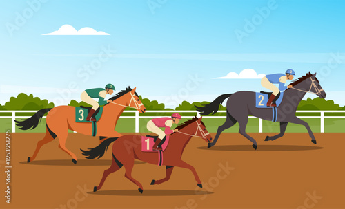 Horse racing on the hippodrome racetrack. Horse racing competition.Vector stock