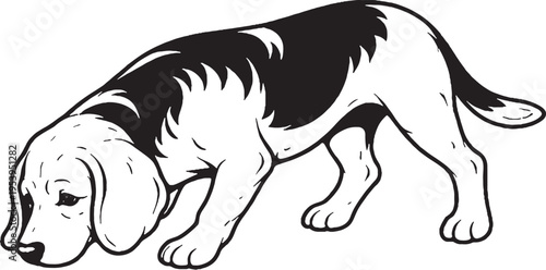 Beagle Eating Posture Side View Black and White Line Art Illustration