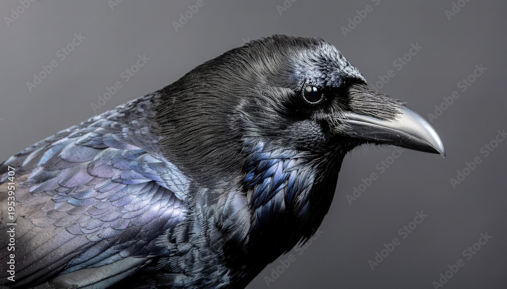 Obraz premium Close-up of a raven's head showcasing its glossy black feathers and sharp beak against a neutral gray background.