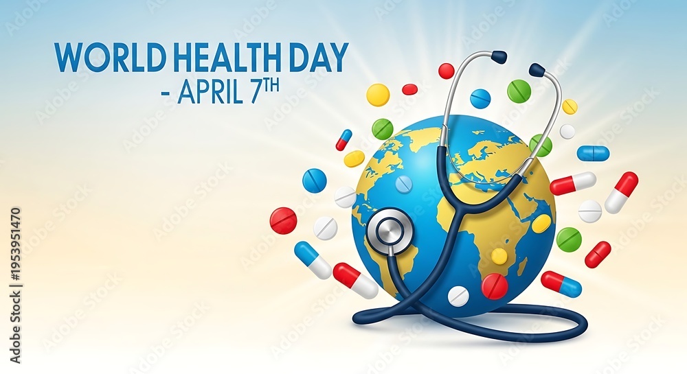 Fototapeta premium World Health Day globe with stethoscope and colorful pills on blue gradient background April 7th