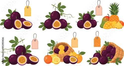 Passion fruit tropical arrangements collection with mango pineapple citrus and maracuja fruits decorative flat vector illustration set