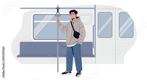 Young man holding pole inside modern subway train, commuting daily