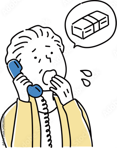 詐欺の電話に困って応対する高齢者の女性_2色