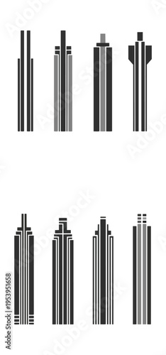 Abstract geometric designs arrayed on black backdrop