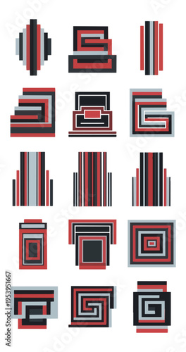 Abstract geometric designs arrayed against a black background