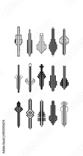 Abstract geometric designs arrayed on black background