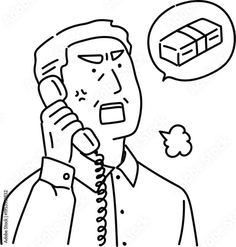 詐欺の電話に怒って応対する高齢者の男性_線画