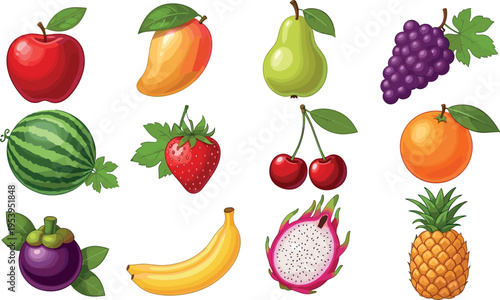 Colorful tropical fruit collection illustration featuring apple, mango, pear, grapes, watermelon, strawberry, cherry, orange, banana, dragon fruit and pineapple isolated set