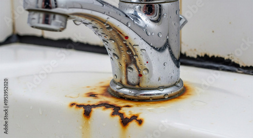 Rust stains on sink under chrome faucet with water droplets  