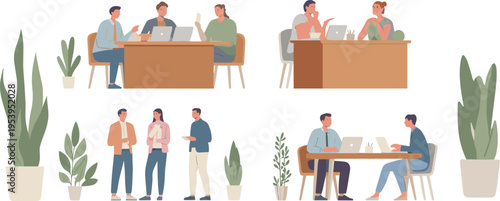 Modern office teamwork scenes with coworkers discussing projects, meeting at desks, collaboration conversation, startup workplace environment flat vector illustration set