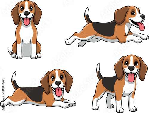 Cute beagle dog cartoon set with sitting, standing and running poses, adorable puppy character vector illustration for pet design, mascot and animal themes