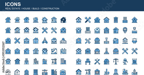 Modern real estate construction icons set featuring houses tools buildings architecture symbols for property development engineering and urban infrastructure design