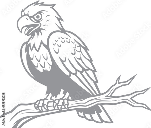 A detailed illustration of a bird of prey perched on a branch in a striking pose