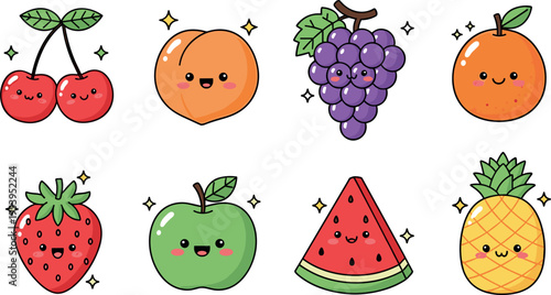Cute Kawaii Fruit Character Set Featuring Cherry, Peach, Grapes, Orange, Strawberry, Apple, Watermelon and Pineapple for Kids Design and Stickers