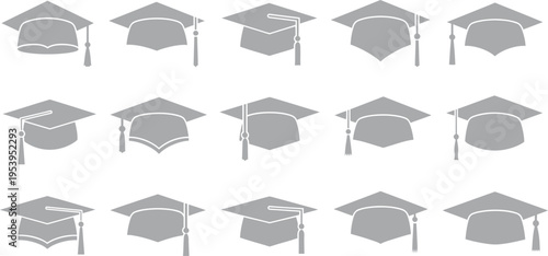 Collection of grey graduation caps with tassels in various orientations