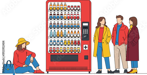 Modern vending machine illustration with stylish people waiting sitting urban lifestyle snack beverage concept flat vector design minimal background scene