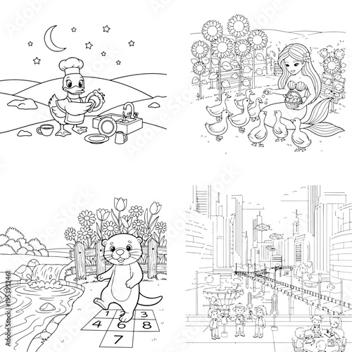 Fun characters coloring book pages set: banana car, meerkat hopscotch, animal group, cityscape