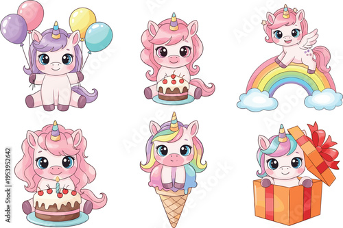 Cute unicorn cartoon collection with balloons, cake, rainbow, ice cream and gift box adorable fantasy characters illustration set for kids birthday design