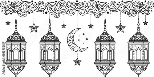 Decorative Ramadan Kareem Islamic Lanterns with Crescent Moon and Stars Hanging Under Ornamental Floral Border Line Art Vector Design