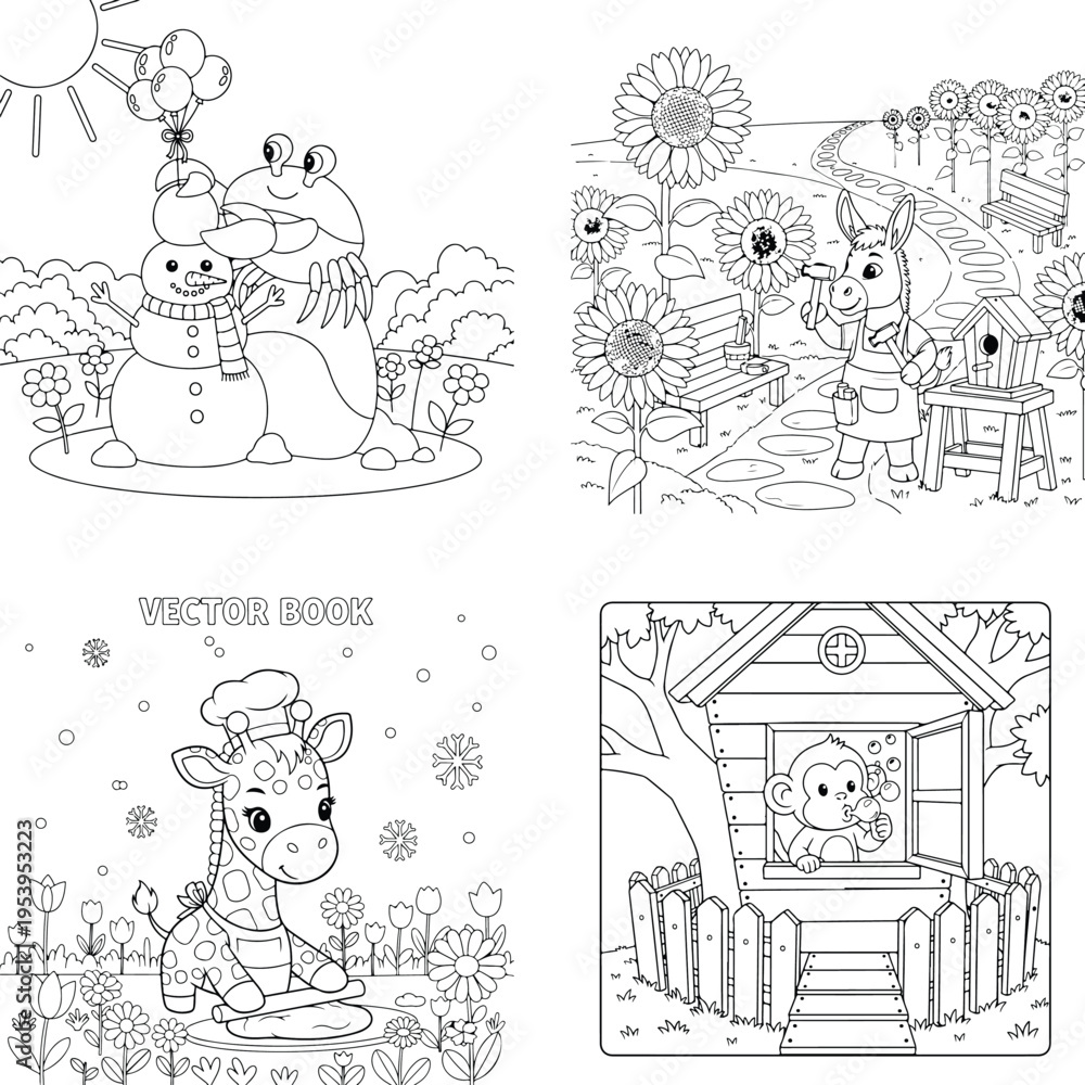 Obraz premium Sweet animal coloring set: snowman friends, giraffe flowers, treehouse, baby animal scenes
