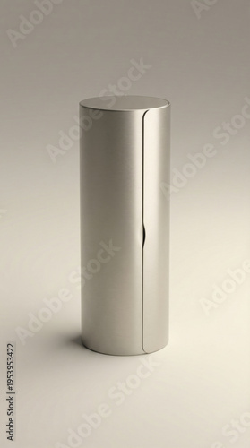 Minimalist cylindrical metallic container with a vertical opening on light background