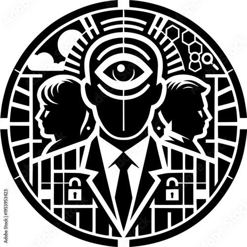 Mysterious Enigma: A stylized illustration depicting a central figure with an all-seeing eye, flanked by silhouettes, set within an intricate, symbolic framework.