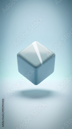 Abstract 3D render of a glossy blue cube on light background